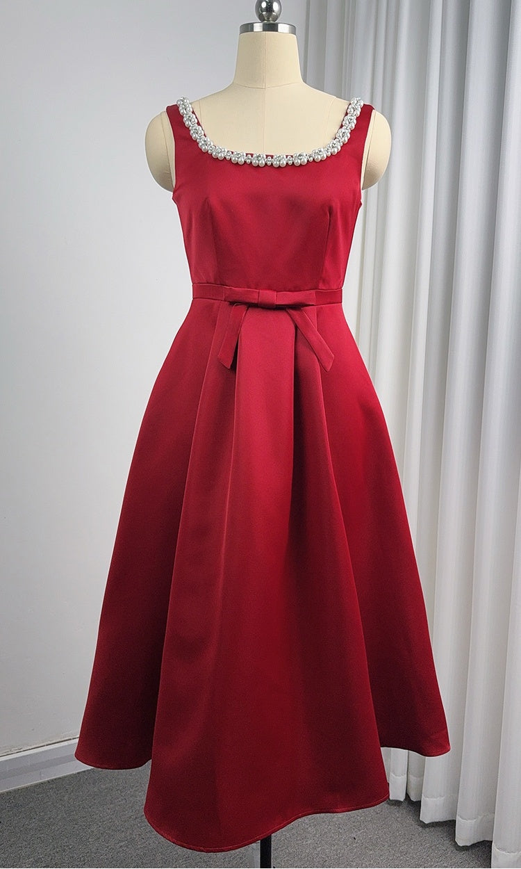 CM-DY057620 Women Elegant European Style Square Collar Sleeveless Pinched Waist Mid-Length Dress - Red
