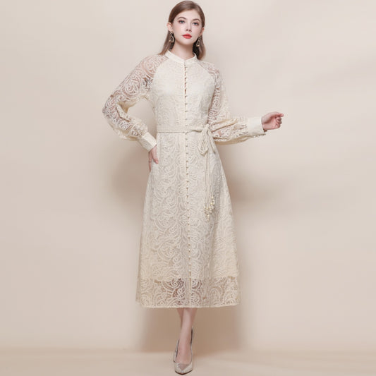CM-DY057622 Women Elegant European Style Stand Collar Long Sleeve High Waist Mid-Length Dress - Apricot