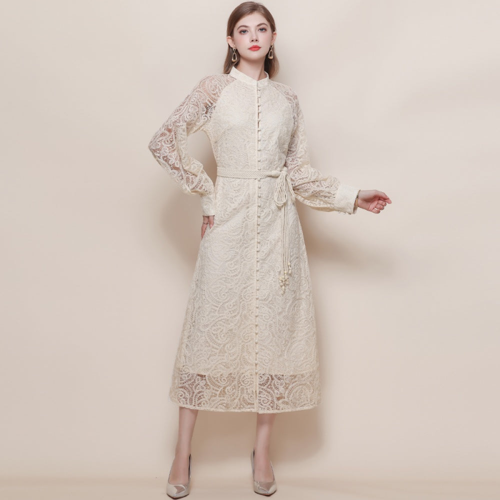 CM-DY057622 Women Elegant European Style Stand Collar Long Sleeve High Waist Mid-Length Dress - Apricot