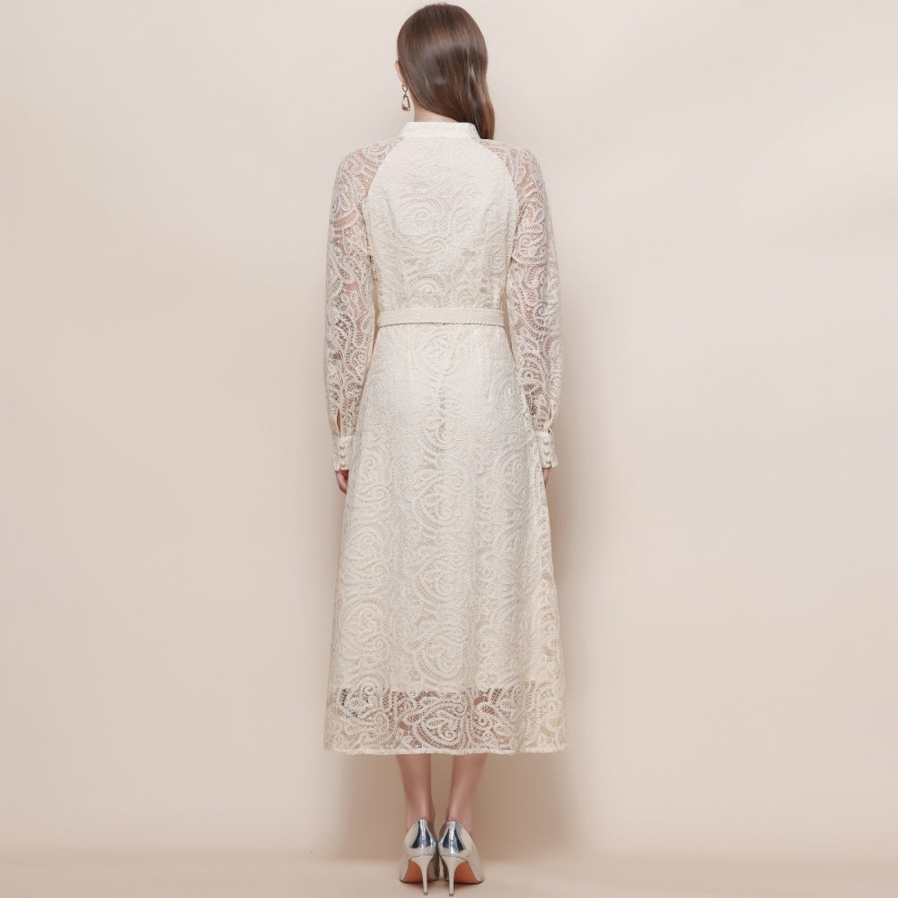 CM-DY057622 Women Elegant European Style Stand Collar Long Sleeve High Waist Mid-Length Dress - Apricot