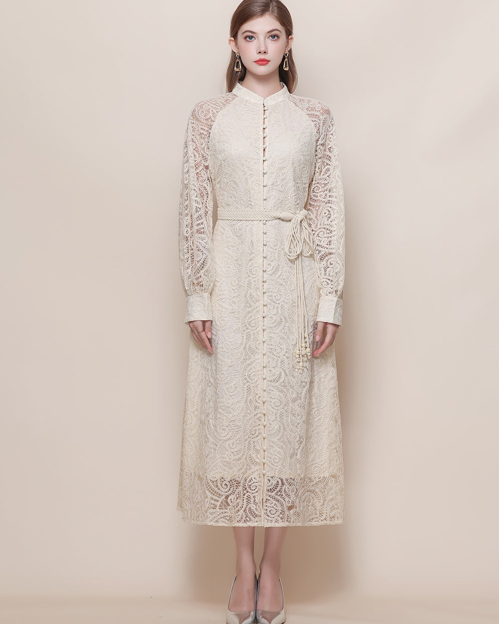 CM-DY057622 Women Elegant European Style Stand Collar Long Sleeve High Waist Mid-Length Dress - Apricot