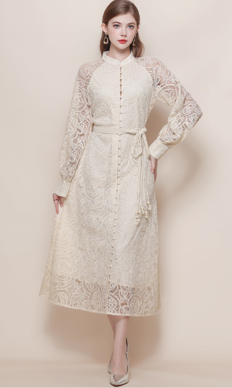 CM-DY057622 Women Elegant European Style Stand Collar Long Sleeve High Waist Mid-Length Dress - Apricot