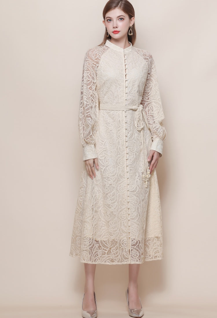 CM-DY057622 Women Elegant European Style Stand Collar Long Sleeve High Waist Mid-Length Dress - Apricot
