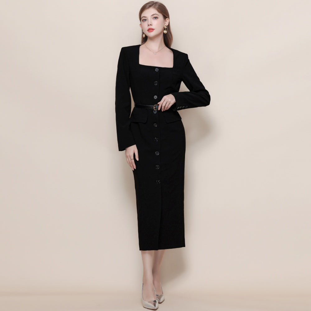 CM-DY057625 Women Elegant European Style Square Collar Long Sleeve High Waist Midi Dress - Black