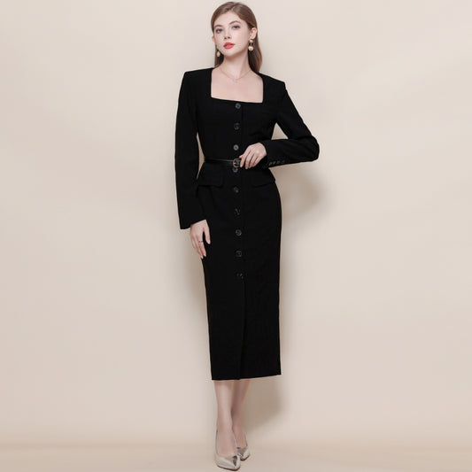 CM-DY057625 Women Elegant European Style Square Collar Long Sleeve High Waist Midi Dress - Black