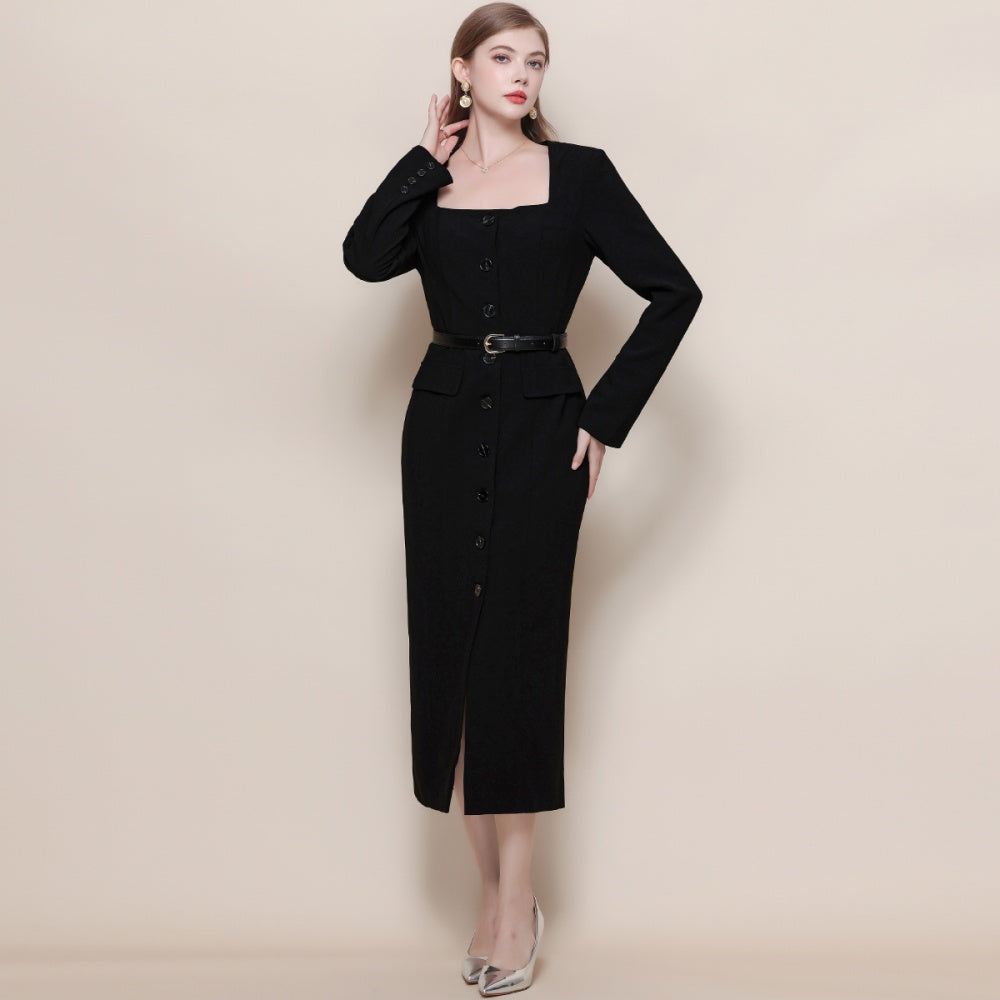 CM-DY057625 Women Elegant European Style Square Collar Long Sleeve High Waist Midi Dress - Black