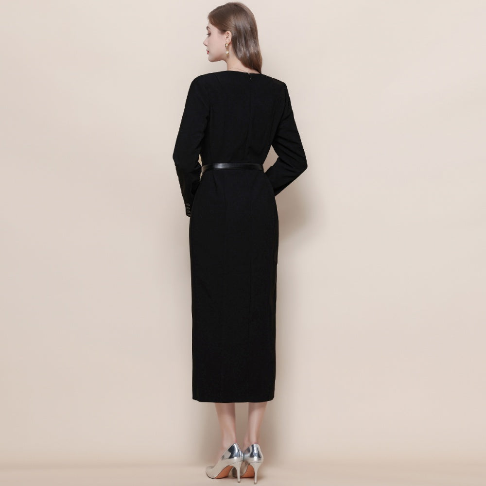 CM-DY057625 Women Elegant European Style Square Collar Long Sleeve High Waist Midi Dress - Black
