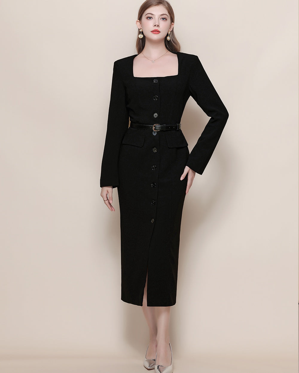 CM-DY057625 Women Elegant European Style Square Collar Long Sleeve High Waist Midi Dress - Black