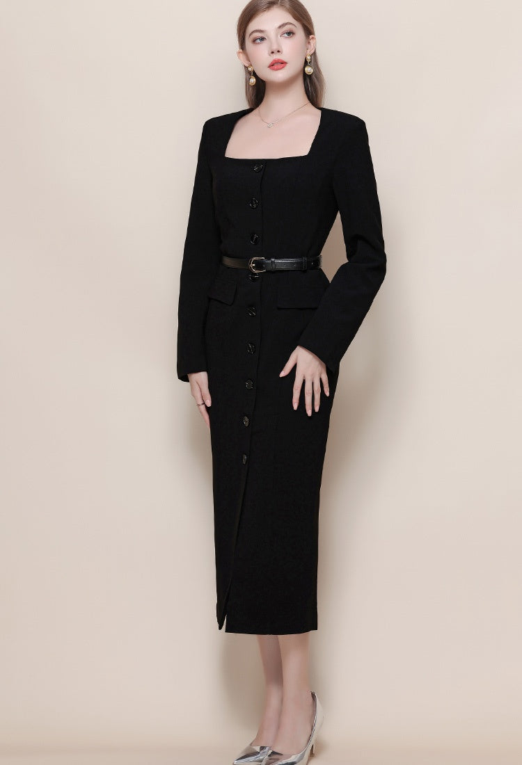 CM-DY057625 Women Elegant European Style Square Collar Long Sleeve High Waist Midi Dress - Black