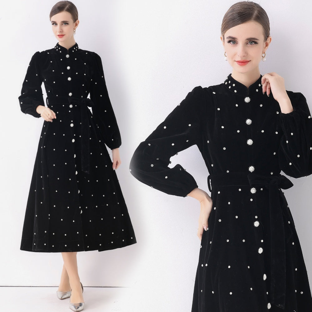 CM-DY057814 Women Elegant European Style Stand Collar Long Sleeve Rhinestone Decor Single-Breasted Dress - Black
