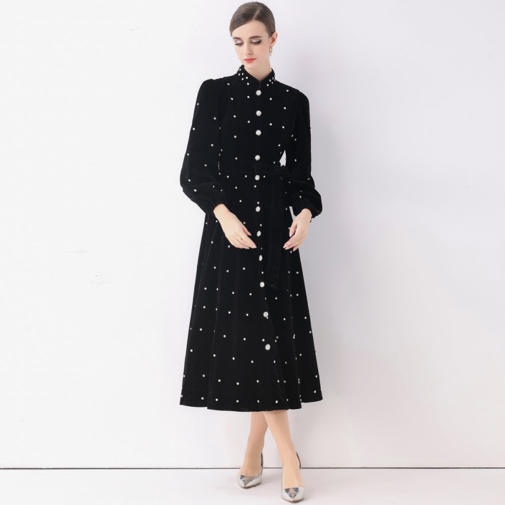 CM-DY057814 Women Elegant European Style Stand Collar Long Sleeve Rhinestone Decor Single-Breasted Dress - Black