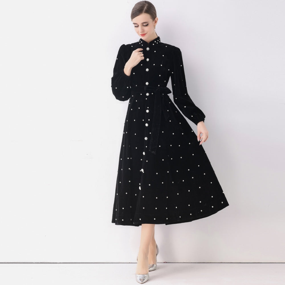 CM-DY057814 Women Elegant European Style Stand Collar Long Sleeve Rhinestone Decor Single-Breasted Dress - Black