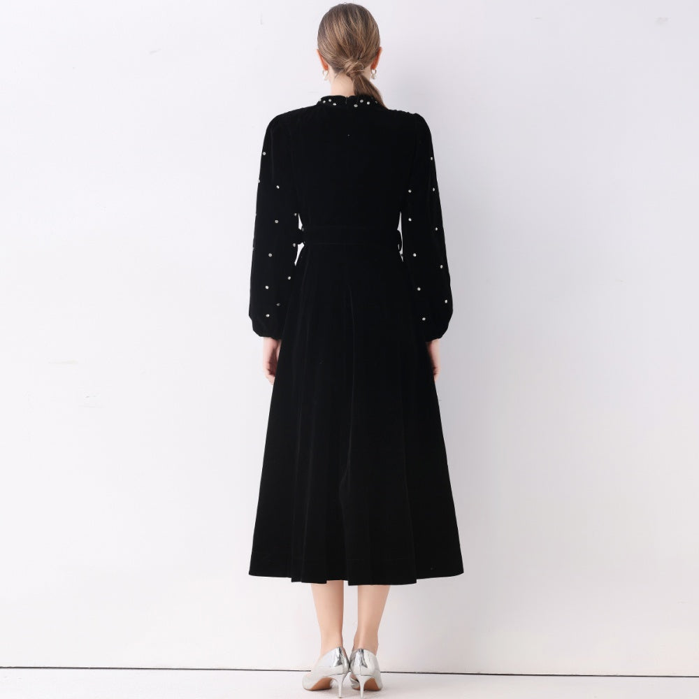 CM-DY057814 Women Elegant European Style Stand Collar Long Sleeve Rhinestone Decor Single-Breasted Dress - Black