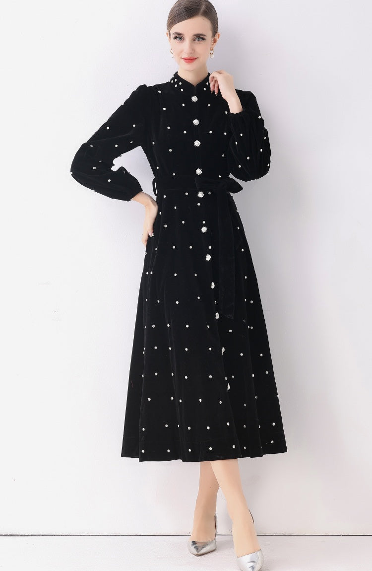 CM-DY057814 Women Elegant European Style Stand Collar Long Sleeve Rhinestone Decor Single-Breasted Dress - Black