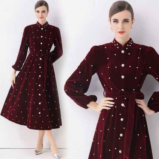 CM-DY057815 Women Elegant European Style Stand Collar Long Sleeve Rhinestone Decor Single-Breasted Dress - Dark Red