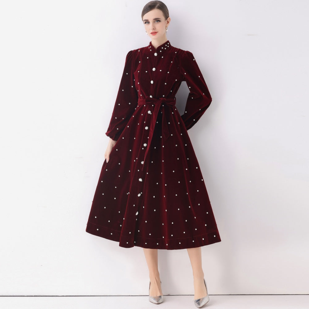 CM-DY057815 Women Elegant European Style Stand Collar Long Sleeve Rhinestone Decor Single-Breasted Dress - Dark Red