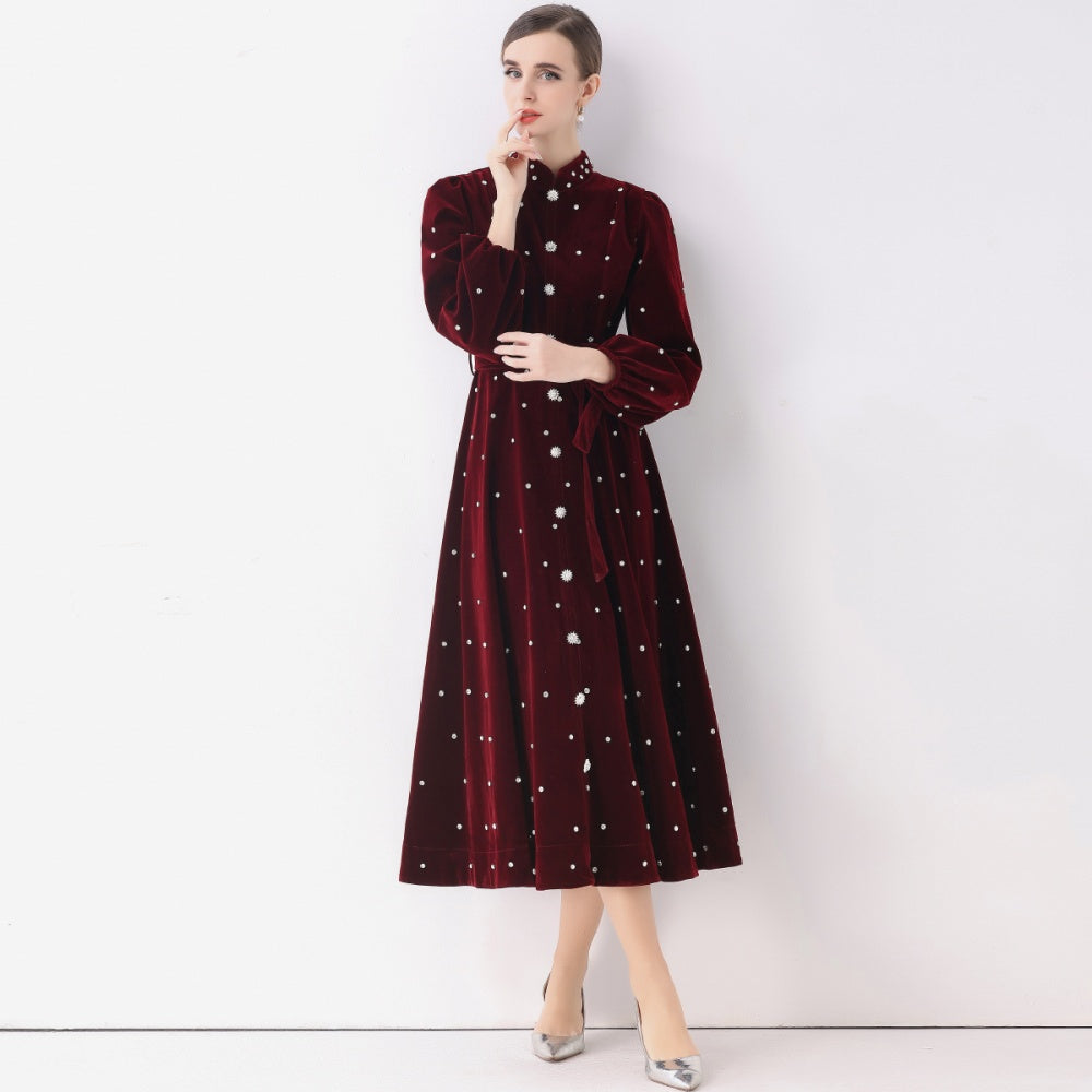 CM-DY057815 Women Elegant European Style Stand Collar Long Sleeve Rhinestone Decor Single-Breasted Dress - Dark Red