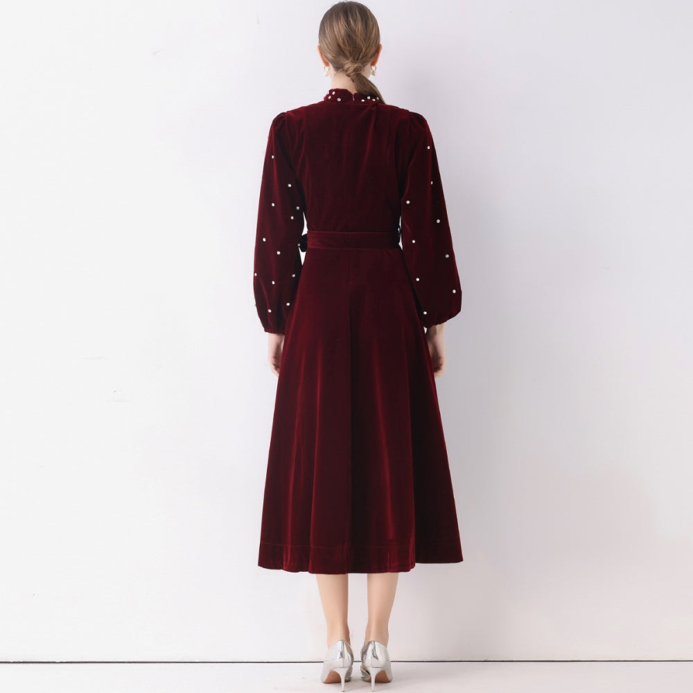 CM-DY057815 Women Elegant European Style Stand Collar Long Sleeve Rhinestone Decor Single-Breasted Dress - Dark Red