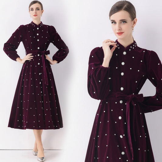 CM-DY057816 Women Elegant European Style Stand Collar Long Sleeve Rhinestone Decor Single-Breasted Dress - Purple