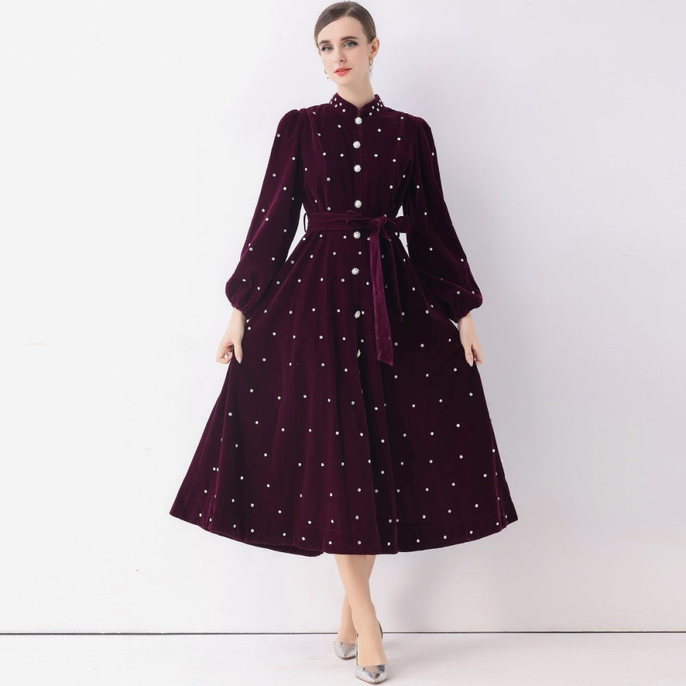 CM-DY057816 Women Elegant European Style Stand Collar Long Sleeve Rhinestone Decor Single-Breasted Dress - Purple