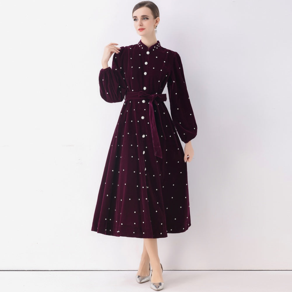 CM-DY057816 Women Elegant European Style Stand Collar Long Sleeve Rhinestone Decor Single-Breasted Dress - Purple