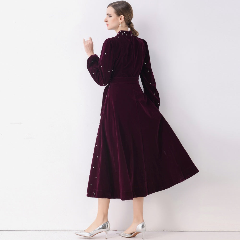 CM-DY057816 Women Elegant European Style Stand Collar Long Sleeve Rhinestone Decor Single-Breasted Dress - Purple