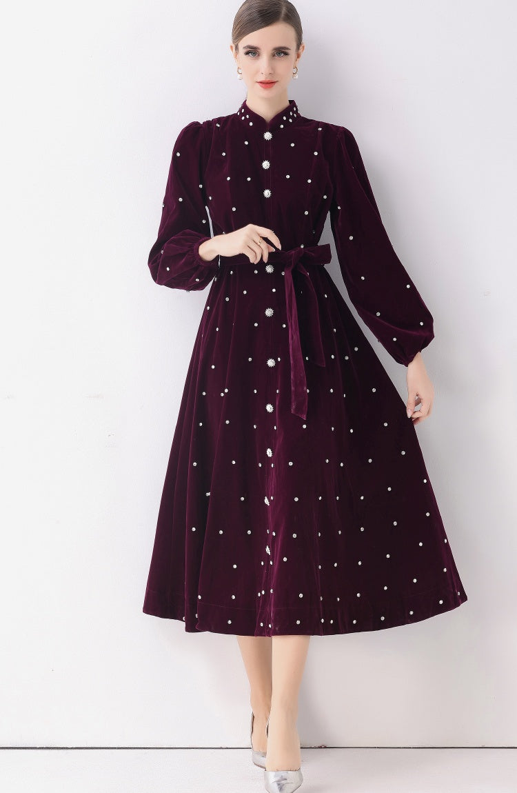 CM-DY057816 Women Elegant European Style Stand Collar Long Sleeve Rhinestone Decor Single-Breasted Dress - Purple