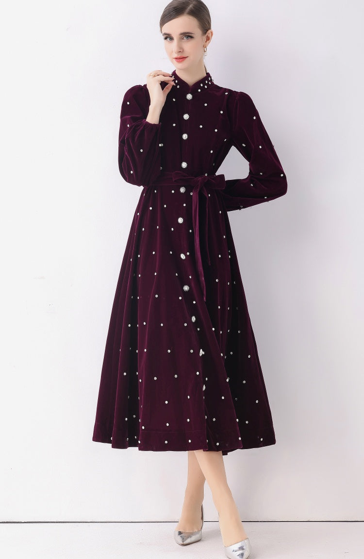 CM-DY057816 Women Elegant European Style Stand Collar Long Sleeve Rhinestone Decor Single-Breasted Dress - Purple