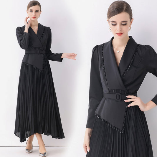 CM-DY057817 Women Elegant European Style V-Neck Long Sleeve Beading Decor Pleated Midi Dress - Black