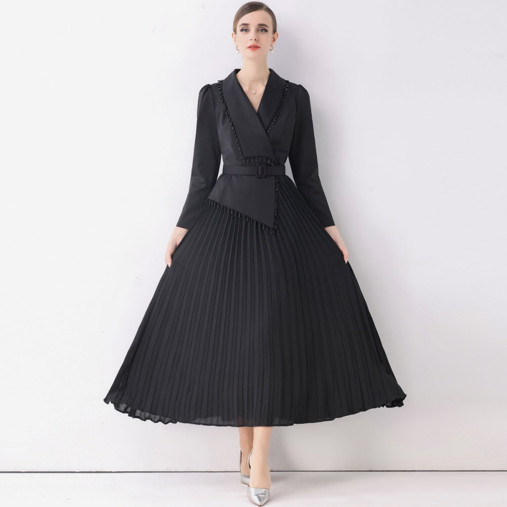 CM-DY057817 Women Elegant European Style V-Neck Long Sleeve Beading Decor Pleated Midi Dress - Black