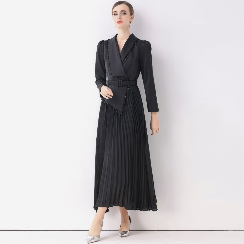CM-DY057817 Women Elegant European Style V-Neck Long Sleeve Beading Decor Pleated Midi Dress - Black