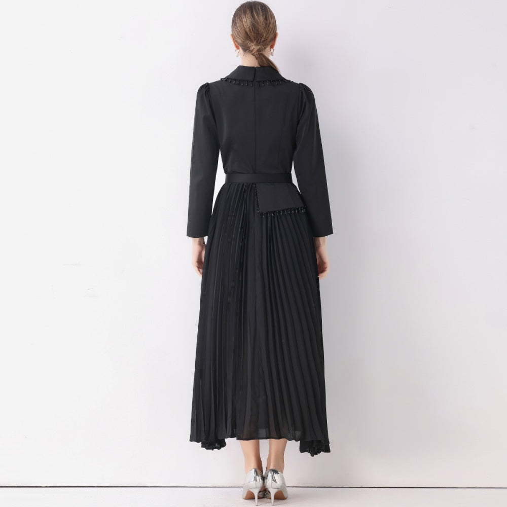 CM-DY057817 Women Elegant European Style V-Neck Long Sleeve Beading Decor Pleated Midi Dress - Black
