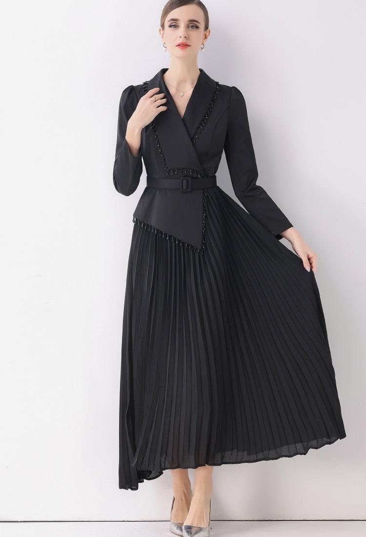 CM-DY057817 Women Elegant European Style V-Neck Long Sleeve Beading Decor Pleated Midi Dress - Black