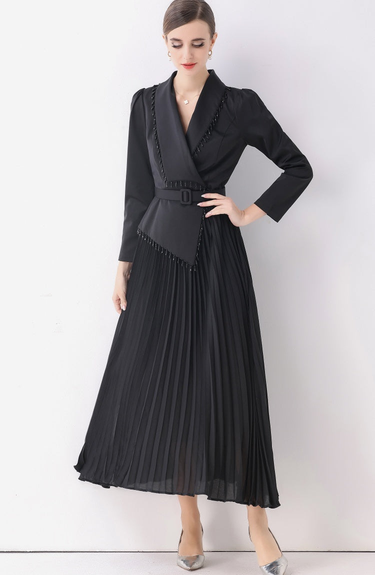 CM-DY057817 Women Elegant European Style V-Neck Long Sleeve Beading Decor Pleated Midi Dress - Black
