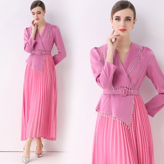 CM-DY057818 Women Elegant European Style V-Neck Long Sleeve Beading Decor Pleated Midi Dress - Pink