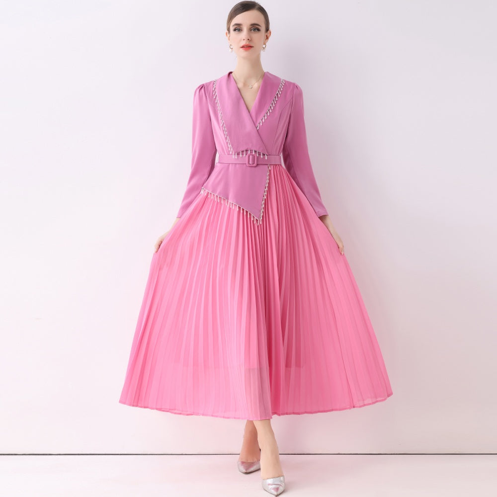 CM-DY057818 Women Elegant European Style V-Neck Long Sleeve Beading Decor Pleated Midi Dress - Pink