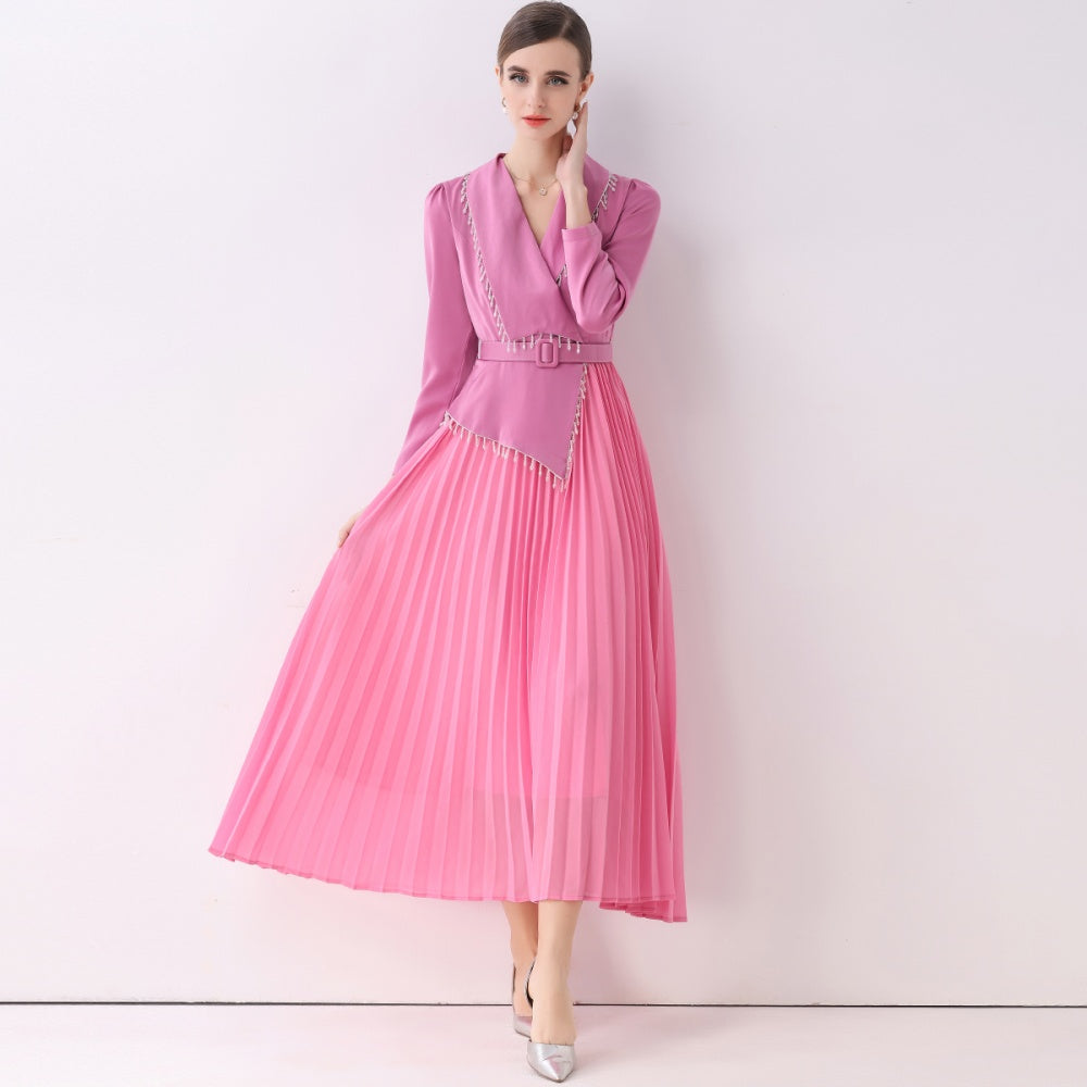 CM-DY057818 Women Elegant European Style V-Neck Long Sleeve Beading Decor Pleated Midi Dress - Pink