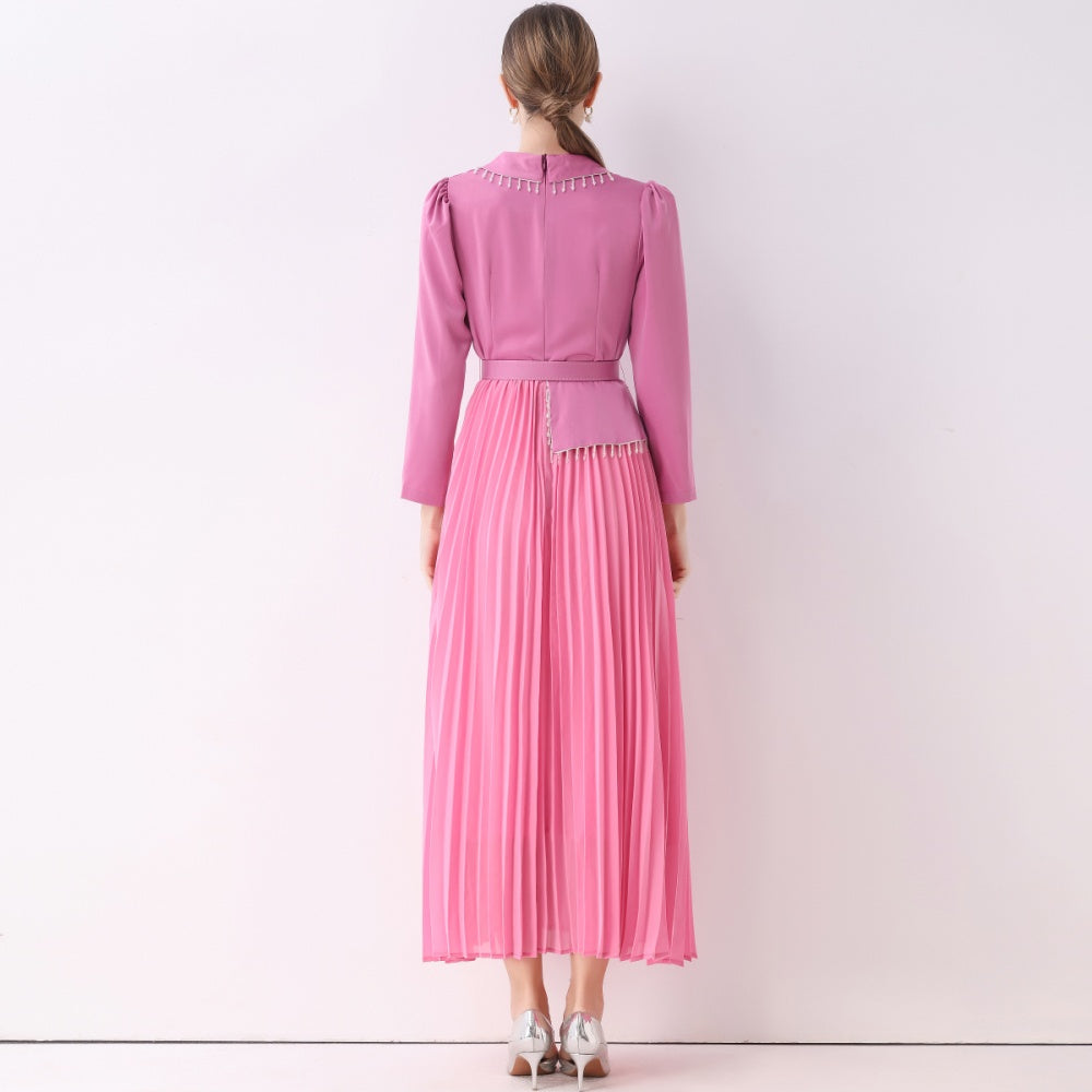 CM-DY057818 Women Elegant European Style V-Neck Long Sleeve Beading Decor Pleated Midi Dress - Pink