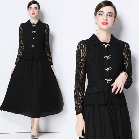 CM-DY057825 Women Elegant European Style Collar Neckline Long Sleeve Belted Pseudo-Two Pleated Long Dress - Black