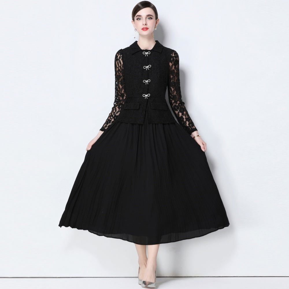 CM-DY057825 Women Elegant European Style Collar Neckline Long Sleeve Belted Pseudo-Two Pleated Long Dress - Black