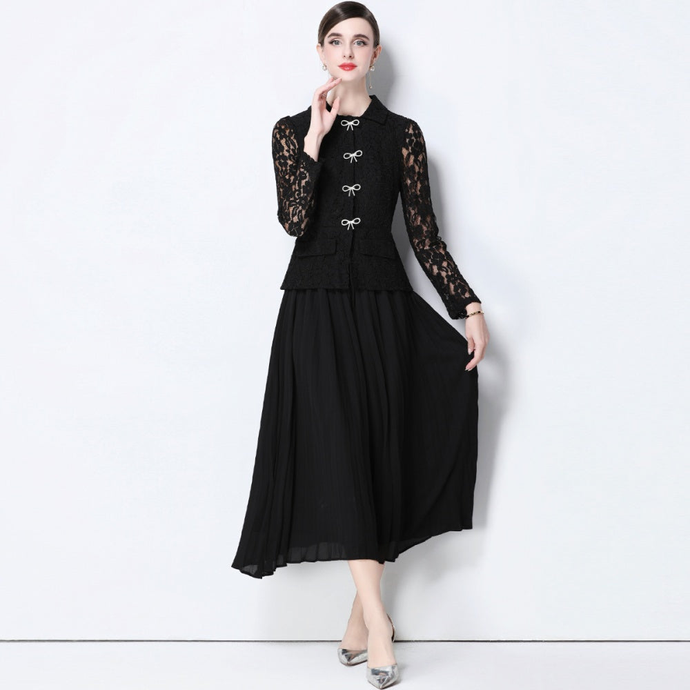 CM-DY057825 Women Elegant European Style Collar Neckline Long Sleeve Belted Pseudo-Two Pleated Long Dress - Black