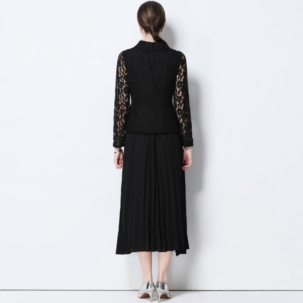 CM-DY057825 Women Elegant European Style Collar Neckline Long Sleeve Belted Pseudo-Two Pleated Long Dress - Black