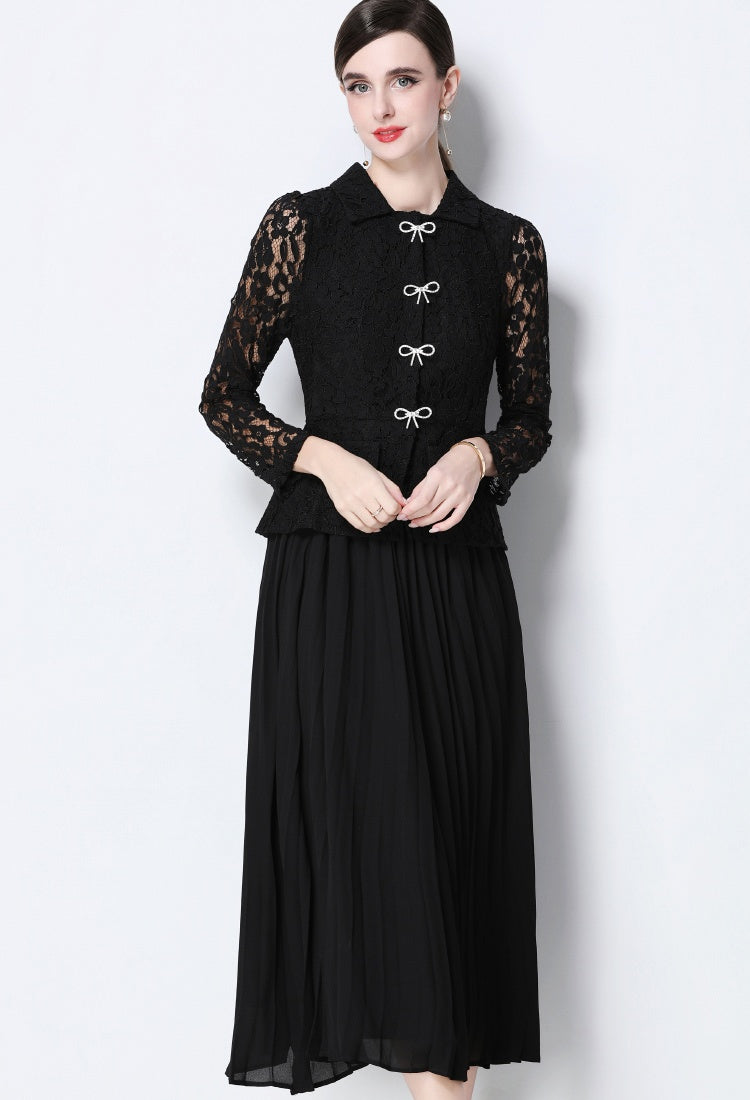 CM-DY057825 Women Elegant European Style Collar Neckline Long Sleeve Belted Pseudo-Two Pleated Long Dress - Black