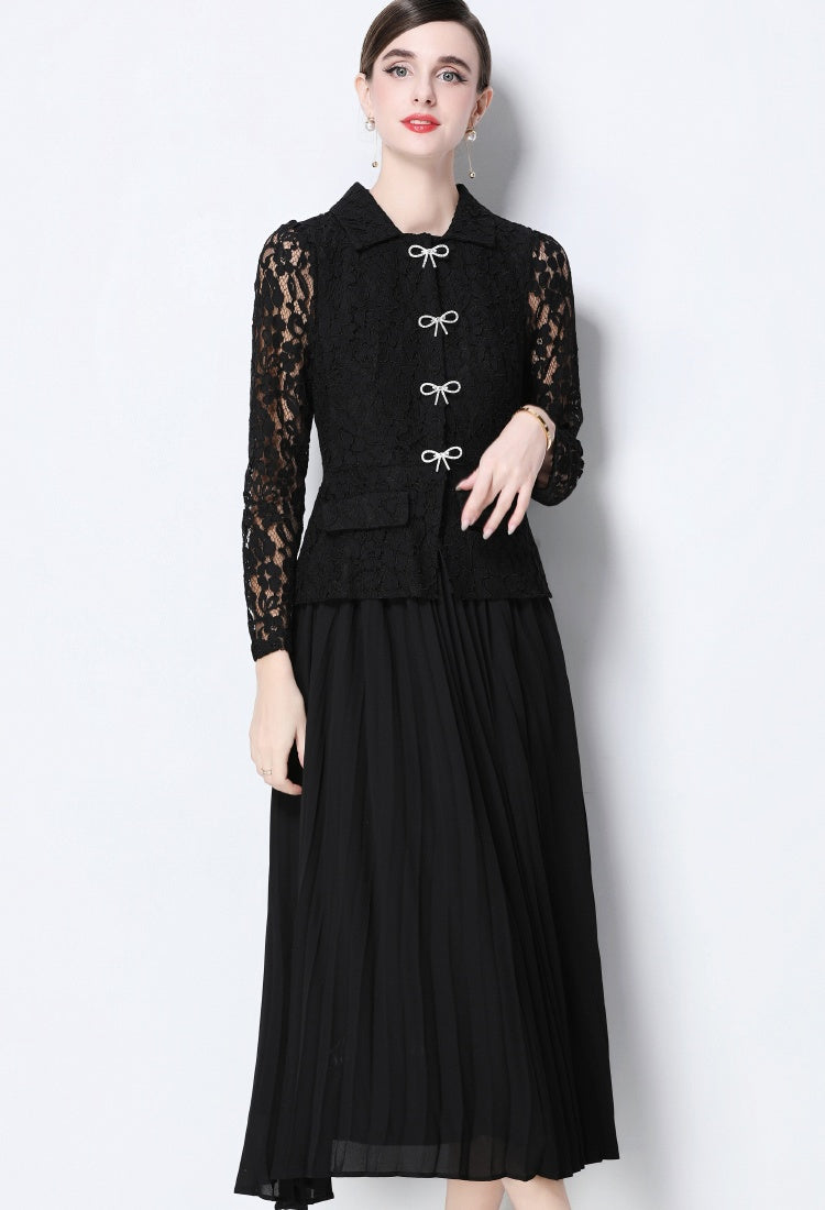 CM-DY057825 Women Elegant European Style Collar Neckline Long Sleeve Belted Pseudo-Two Pleated Long Dress - Black