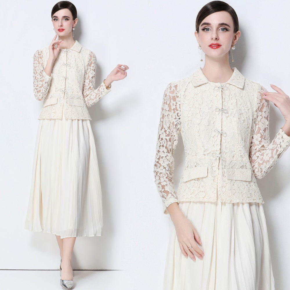CM-DY057826 Women Elegant European Style Collar Neckline Long Sleeve Belted Pseudo-Two Pleated Long Dress - Apricot