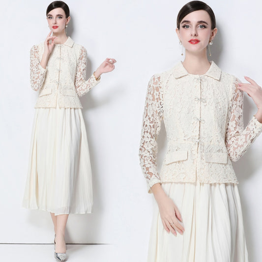 CM-DY057826 Women Elegant European Style Collar Neckline Long Sleeve Belted Pseudo-Two Pleated Long Dress - Apricot