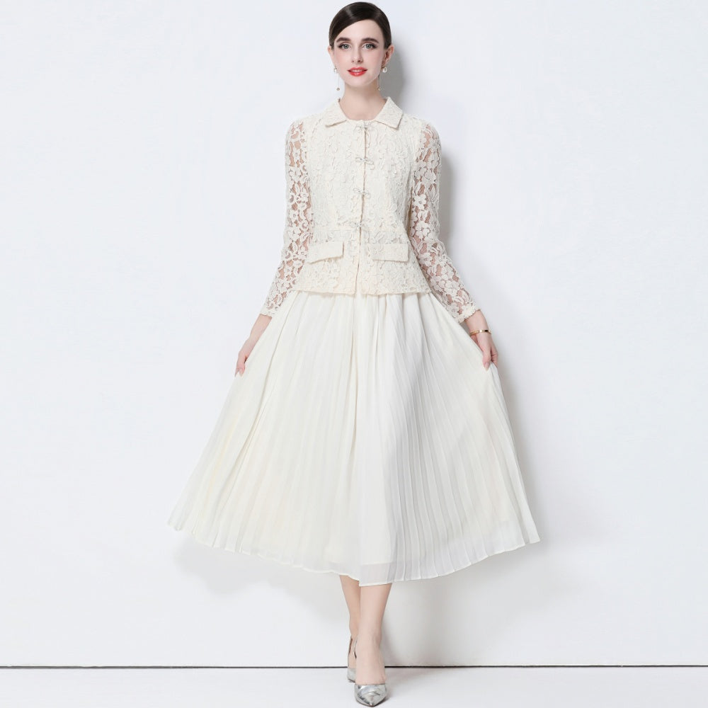 CM-DY057826 Women Elegant European Style Collar Neckline Long Sleeve Belted Pseudo-Two Pleated Long Dress - Apricot