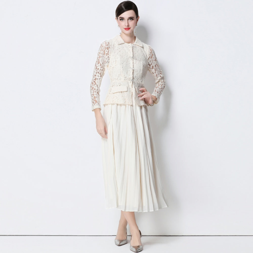 CM-DY057826 Women Elegant European Style Collar Neckline Long Sleeve Belted Pseudo-Two Pleated Long Dress - Apricot