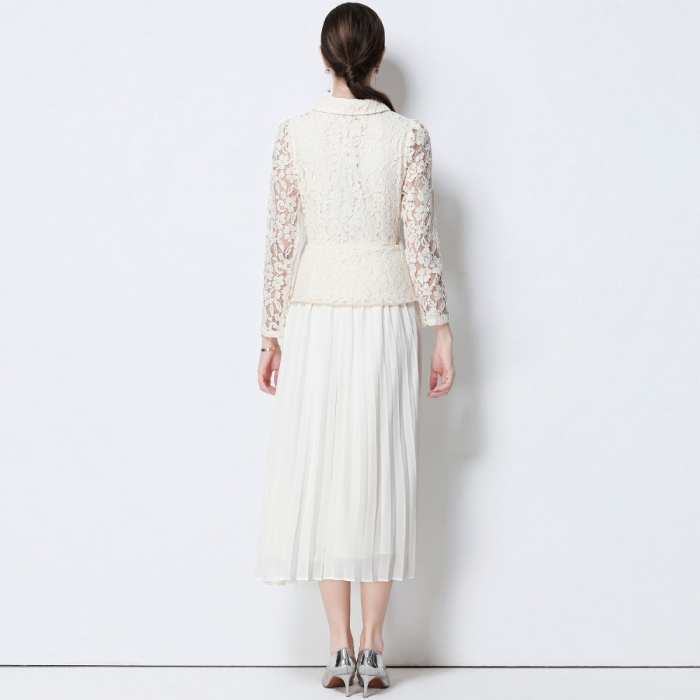 CM-DY057826 Women Elegant European Style Collar Neckline Long Sleeve Belted Pseudo-Two Pleated Long Dress - Apricot