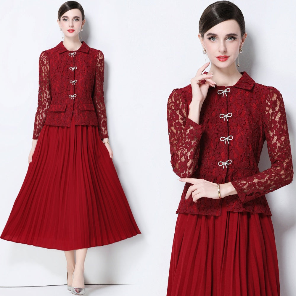 CM-DY057827 Women Elegant European Style Collar Neckline Long Sleeve Belted Pseudo-Two Pleated Long Dress - Dark Red
